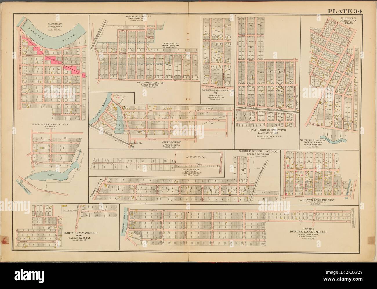 Bergen County, V. 2, Double Page Plate No. 34 Karte von Rose Met., Peter D. Henderson Plan, August Heusel Plan, Rose Ville., Bellport Land Co., Raphael und Rasalie Grunauer Karte bei Warren Point, John F. Lee Karte, Dundee Lake, E. Pherson Co-operative Land Co. Plan, Gilbert B. Ackerman Plan, Whitehead Land Co., Rochelle Park, Fairlawn Ter., Saddle River Land Co., Karte von Fair Lawn Land IMP., Hartman V. Vanriper Karte, Dundee Lake IMP. Kartografisch. Atlanten, Karten. 1912 - 1913. Lionel Pincus und Princess Firyal Map Division. Bergen County (N.J.) Stockfoto