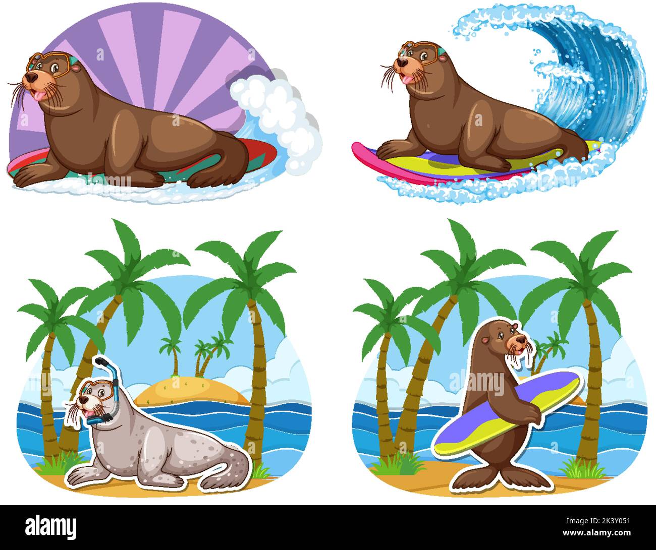 Satz von verschiedenen Seelöwen Cartoon-Figuren Illustration Stock Vektor