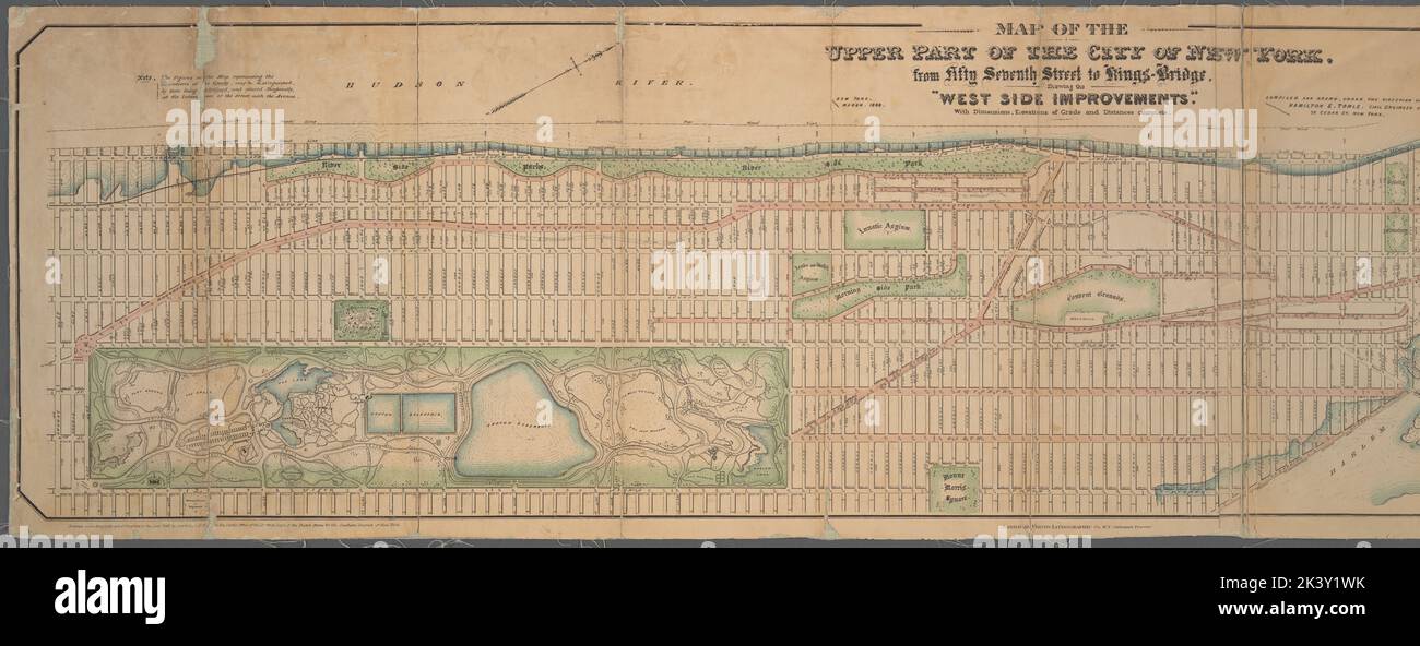 Karte des oberen Teils der City of New York, von Fifty Seventh Street bis Kings-Bridge : Zeigt die „Verbesserungen an der Westseite“ mit Abmessungen, Gehalten und Distanzen, die unter der Leitung von Hamilton E. Towle, Civil Engineer and City Surveyor, 78 Cedar St., New York, erstellt und gezeichnet wurden. 1868. Kartografisch. Karten. Lionel Pincus und Princess Firyal Map Division. Manhattan (New York, N.Y.), New York (N.Y.), Gebäude , New York (Staat) , New York (N.Y.), Friedhofs , New York (Staat) , New York (N.Y.), Parks , New York (Staat) , New York (N.Y.) Stockfoto