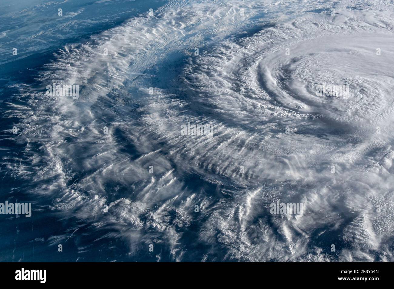 Hurrikan Florence von der Internationalen Raumstation, als sie am 14. September 2018 in der Nähe von Wrightsville Beach, North Carolina, landeinstürze. Stockfoto