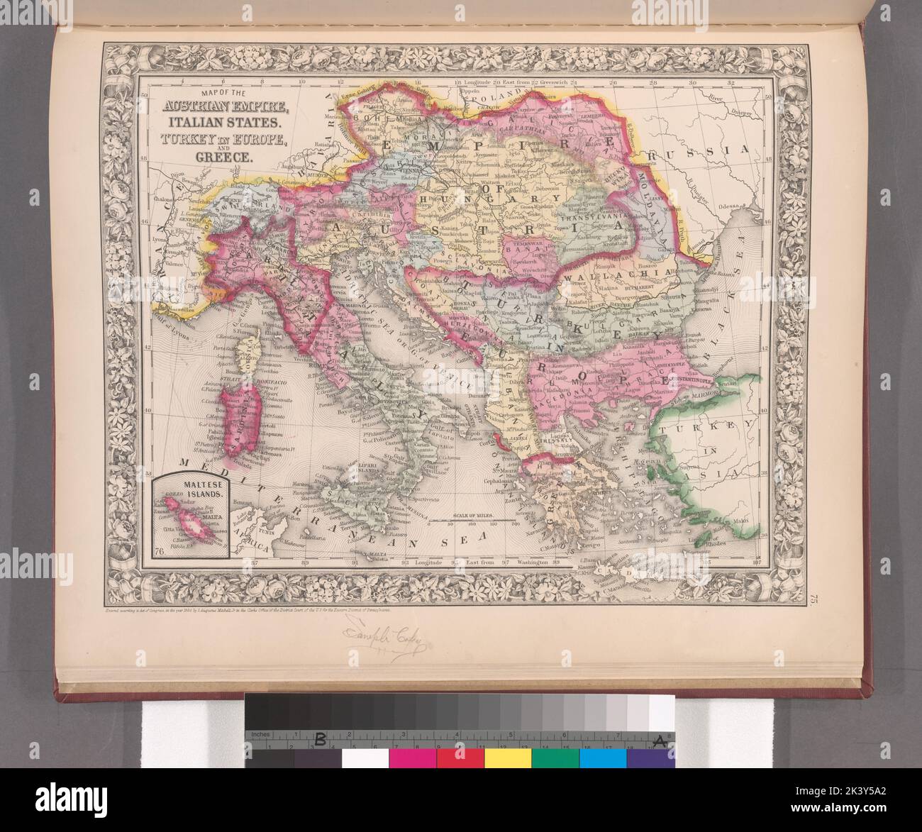 Karte des österreichischen Kaiserreichs, der italienischen Staaten, der Türkei in Europa und Griechenlands; Maltesische Inseln mit Mitchell, S. Augustus (Samuel Augustus), 1792-1868. Kartografisch. Karten. 1863. Lionel Pincus und Prinzessin Firyal Map Division Stockfoto