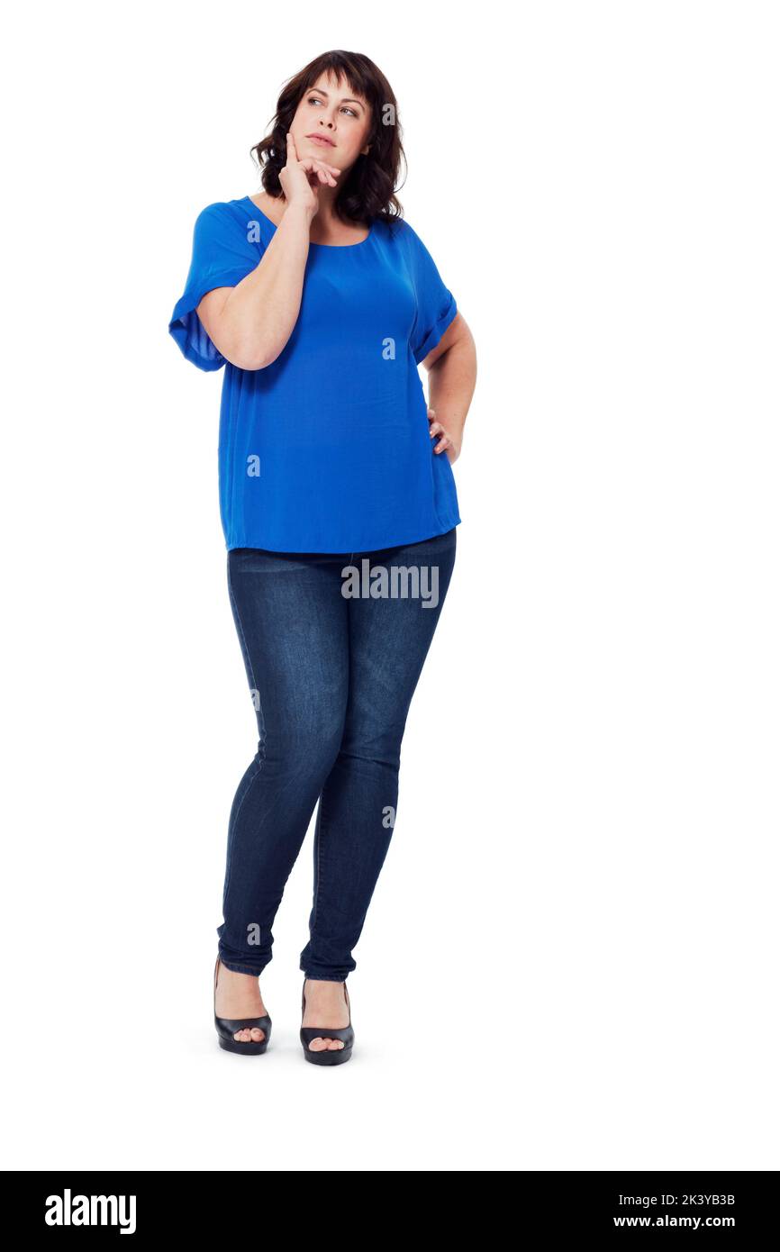 Was soll ich tun? Volle Länge einer nachdenklichen jungen Frau isoliert auf weiß. Stockfoto