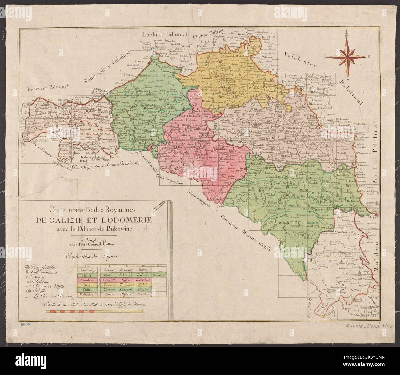 Carte Nouvelle des Royaumes de Galizie et Lodomerie, avec le District de Bukowine. Kartografisch. Karten. 1701 - 1800. Lionel Pincus und Princess Firyal Map Division. Galicien (Polen und Ukraine), Bukowina (Rumänien und Ukraine), Wolodymyr-Wolyns? (Ukraine) Stockfoto