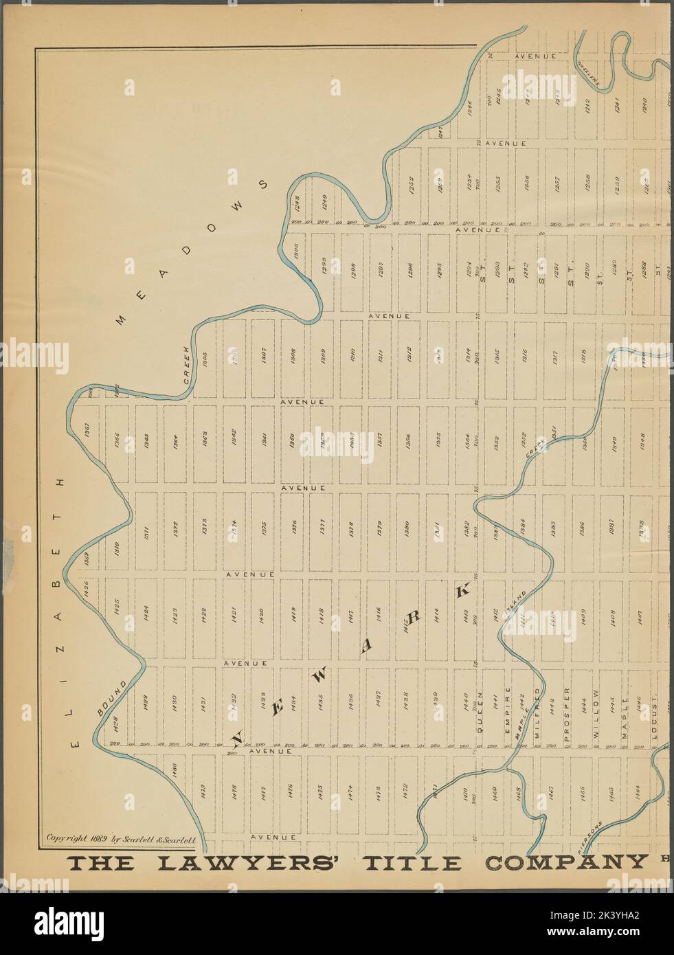 Newark, doppelseitiges Schild Nr. 35 Karte begrenzt durch Avenue B, Thomas St., Avenue K 1889. Kartografisch. Atlanten, Karten, Pläne, Vermessung. Lionel Pincus und Princess Firyal Map Division. Newark (N.J.) Stockfoto