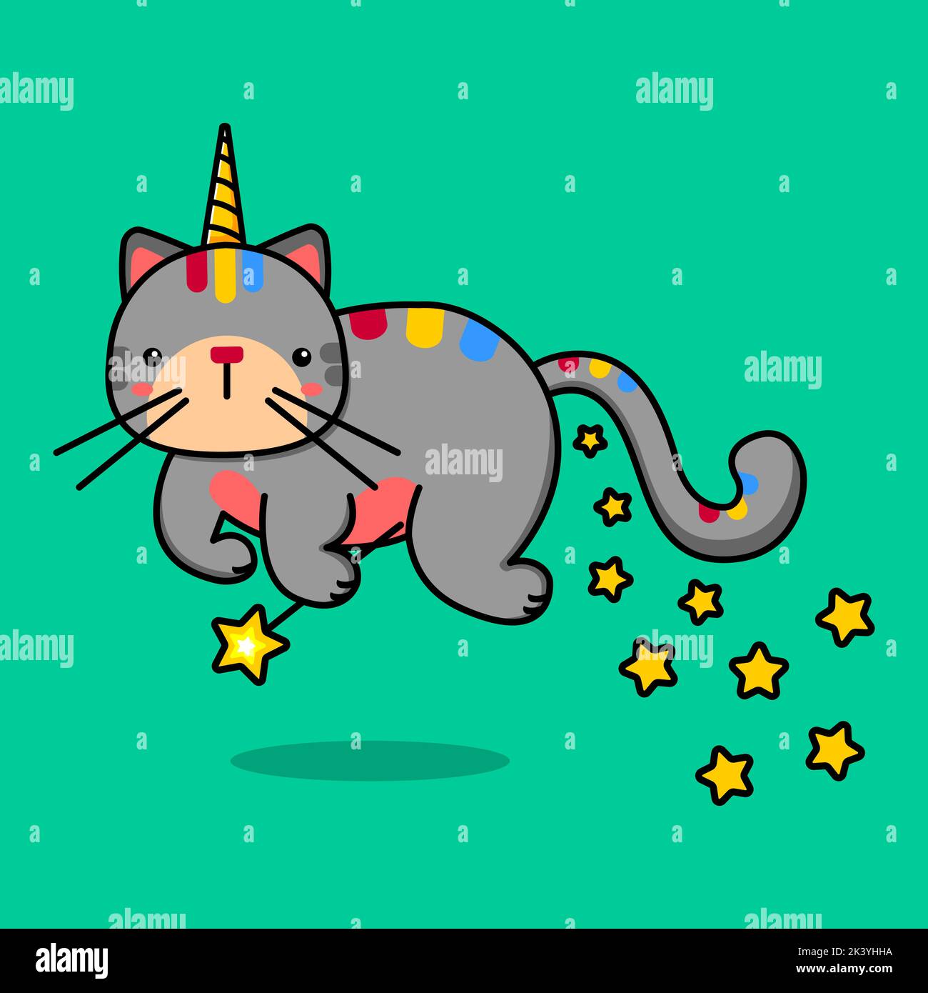 Bild einer fliegenden Einhornkatze mit Zauberstab und Sternen. Vektorgrafik Stock Vektor