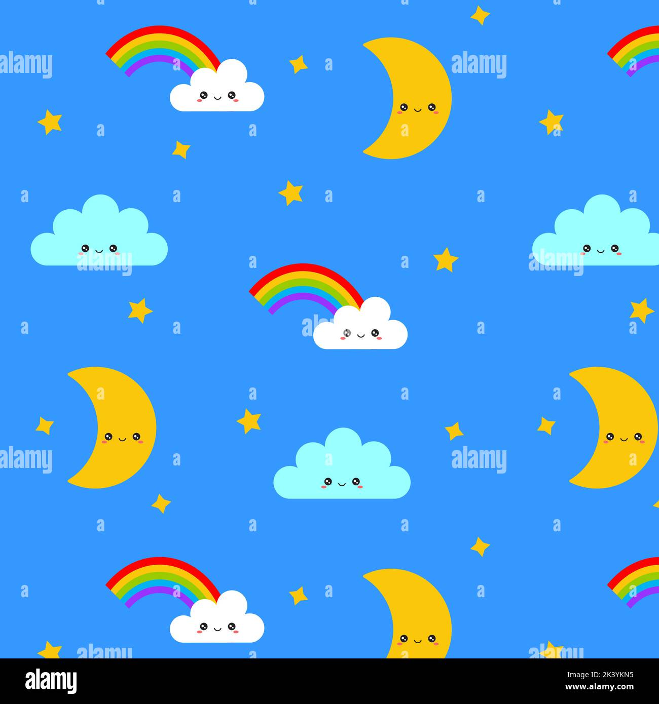 Kinder Cartoon-Muster. Wolken und Regenbogen, Mond und Sterne auf blauem Hintergrund. Vektorbild. Stock Vektor