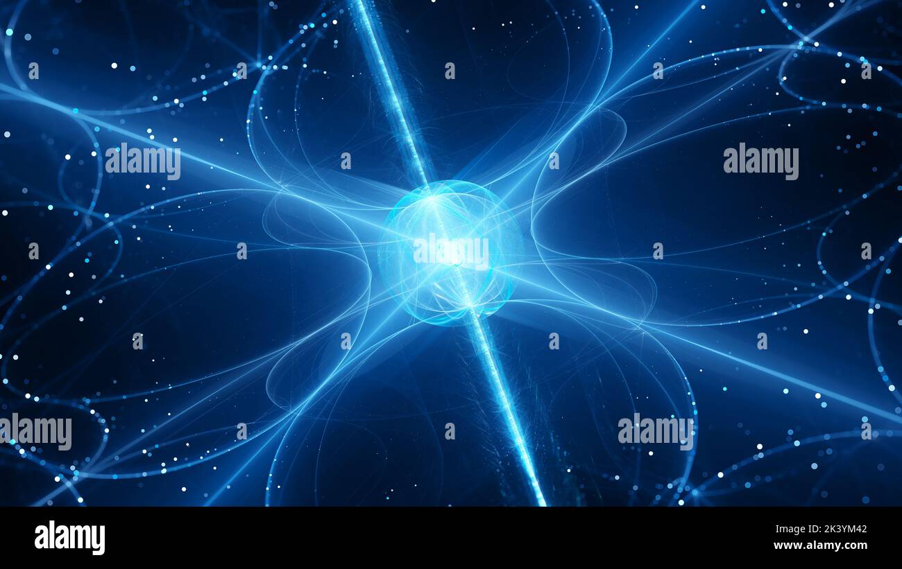 Blau glühender futuristischer Quantenhub, computergenerierter abstrakter Hintergrund, 3D Rendering Stockfoto