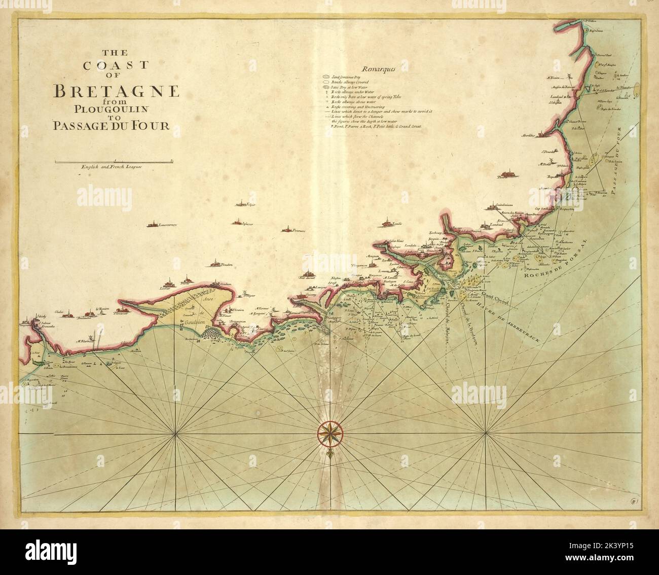 Die Küste DER BRETAGNE von Plougoulin nach Passage Du Four 1702 - 1707. Kartografisch. Karten, Seekarten. Lionel Pincus und Princess Firyal Map Division. Bretagne (Frankreich), Englischer Kanal Stockfoto