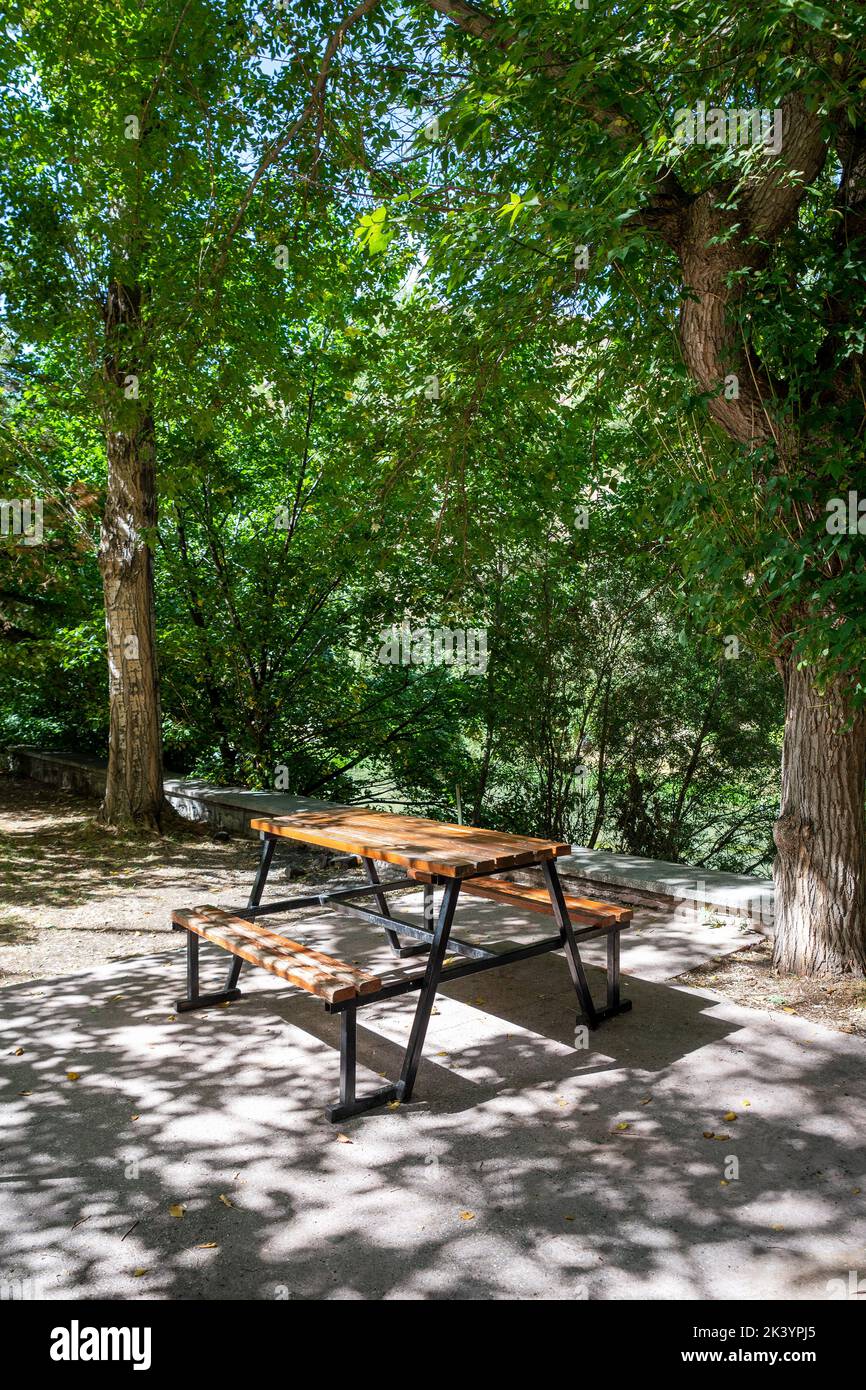 Holzpicknicktisch in einem Naturpark im Wald. Freizeitaktivitäten im Naturkonzept. Hochwertige Fotos Stockfoto