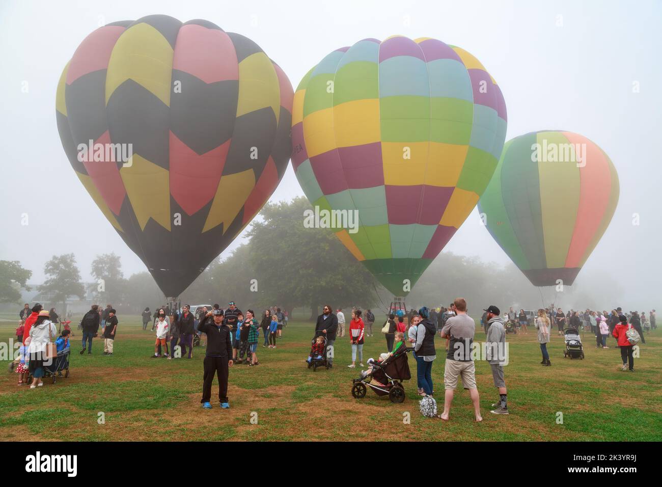 Bunte Heißluftballons im Nebel bei Balloons over Waikato, einem Festival in Hamilton, Neuseeland Stockfoto