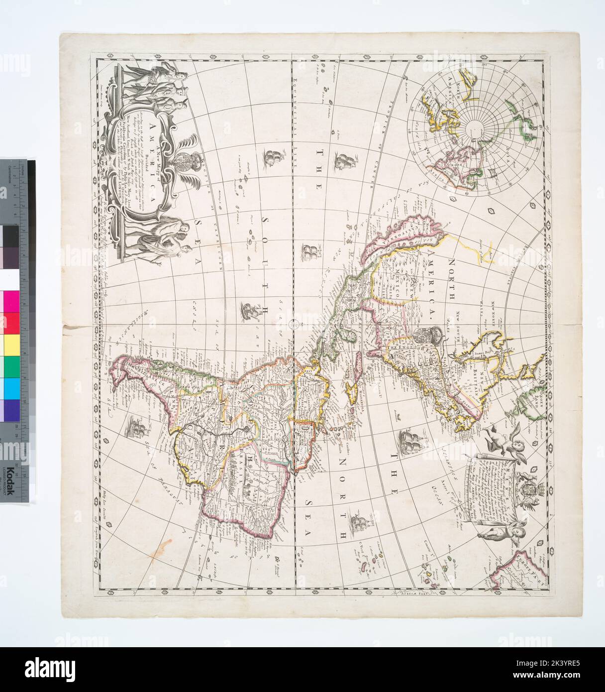 Eine neue mapp von Amerika: Aufgeteilt nach den besten und neuesten Beobachtungen und Entdeckungen, wobei durch ihre Eigennamen beschrieben werden, die seaverall Länder, die auf ihr Englisch belonge, die vollständig in allen französischen und niederländischen Karten ausgelassen sind, nämlich New Scotland, Long Island, N. York, N. Jarsey, Mary Land, Pensilvania, Carrolina, etc. Kartografisch. Karten. 1690. Lionel Pincus und Prinzessin Firyal Map Division. Amerika Stockfoto