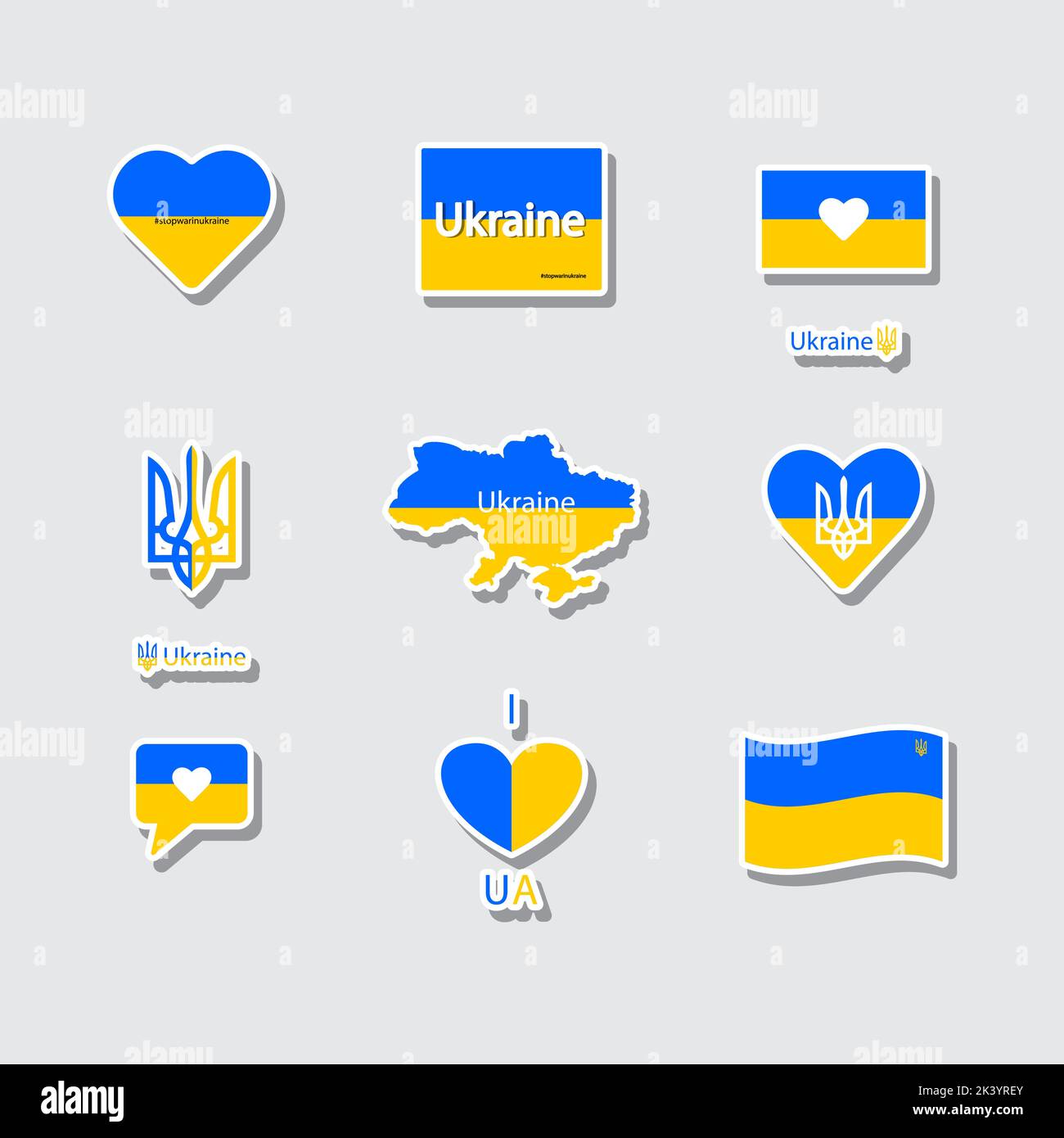 Eine Reihe von Illustrationen zum Thema des Staates der Ukraine. Symbole des Staates Ukraine. Wappen, Karte, Flagge der Ukraine. Aufkleber in den Nationalfarben der Flagge der Ukraine. Stock Vektor