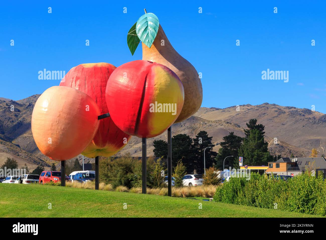 Die riesige Obstskulptur in Cromwell, einer Stadt auf der Südinsel Neuseelands Stockfoto