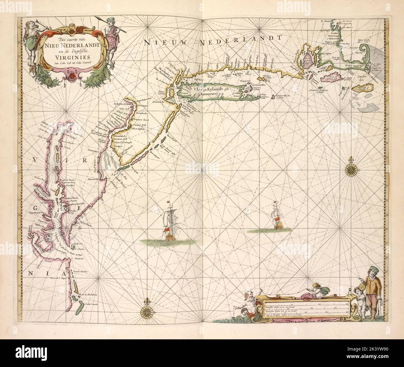 Pas caerte van Nieu Nederlandt en de Engelsche Virginies van Cabo Cod tot Cabo Canrick. Paskaert van Nieuw Nederlandt en de Virgines van Cabo Cod oste Statenhoeck tot Cabo Canrick. Kartografisch. Karten. 1672. Lionel Pincus und Prinzessin Firyal Map Division. New England, New Jersey, New York (Bundesstaat), Atlantik, die Bucht von Cichapeake (MD. Und VA.) Stockfoto