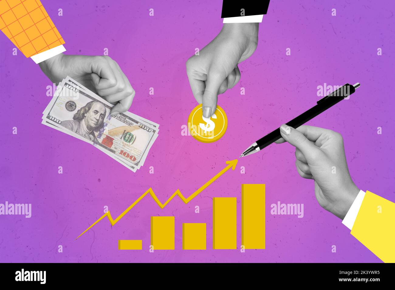 Artwork Magazin Bild der Hände Arme Geld geben neue Start bis isolierte Zeichnung Hintergrund Stockfoto