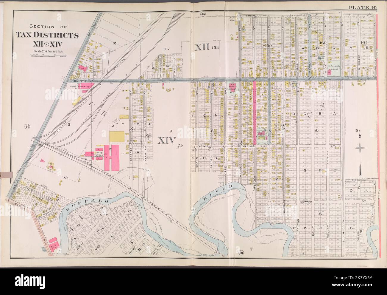 Buffalo, V. 2, Doppelseitenplatte Nr. 46 Karte begrenzt durch Griswold St., Cochrane St., Seneca St., Bailey Ave. Kartografisch. Atlanten, Karten. 1915. Lionel Pincus und Prinzessin Firyal Map Division. Buffalo Metropolitan Area (New York) , VMaps. Stockfoto