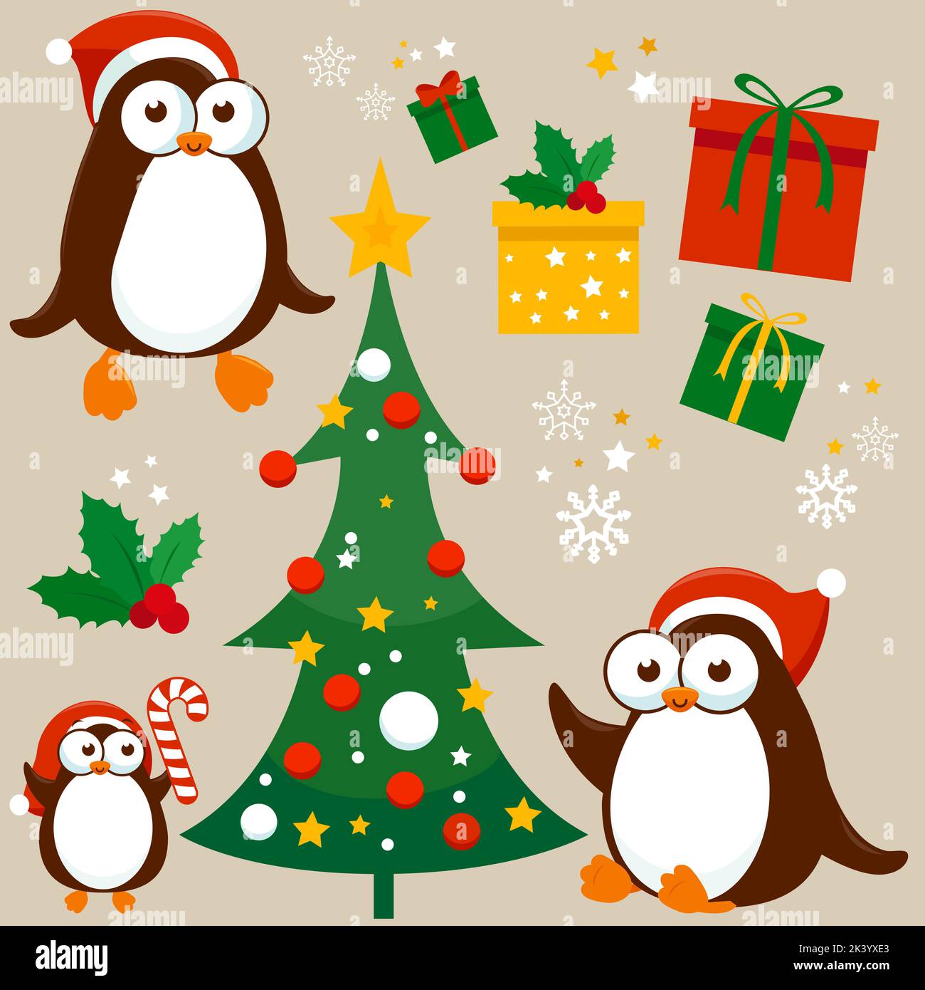 Weihnachtskollektion mit Pinguinen, Weihnachtsbaum und Geschenken. Stockfoto