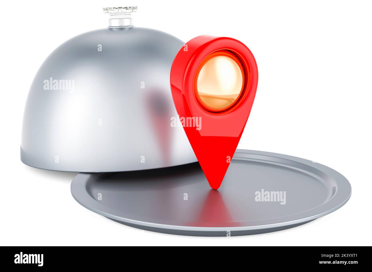 Restaurant Cloche mit Kartenzeiger, 3D Rendering isoliert auf weißem Hintergrund Stockfoto