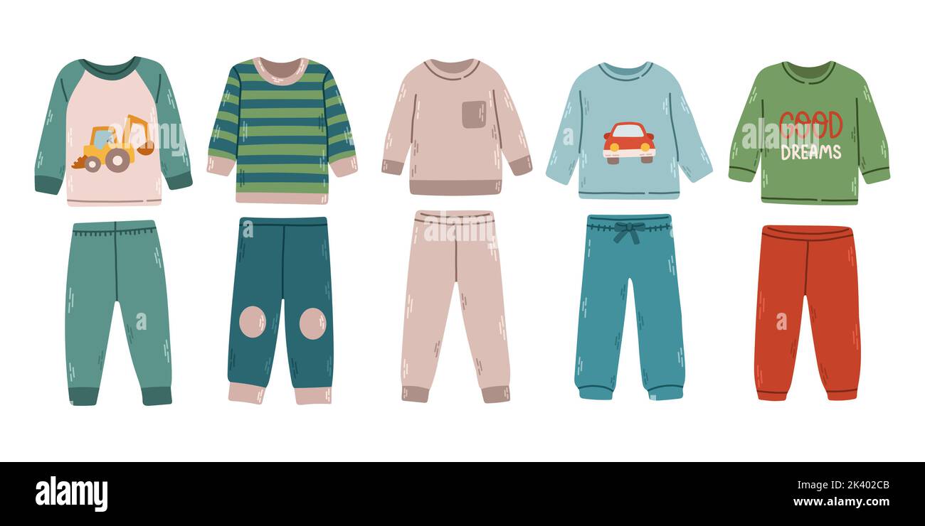 Schlafanzug für Jungen. Textil-Nachtwäsche für Kinder Schlafanzüge Schlafanzüge Schlafanzüge Vektor farbige Bilder Stock Vektor
