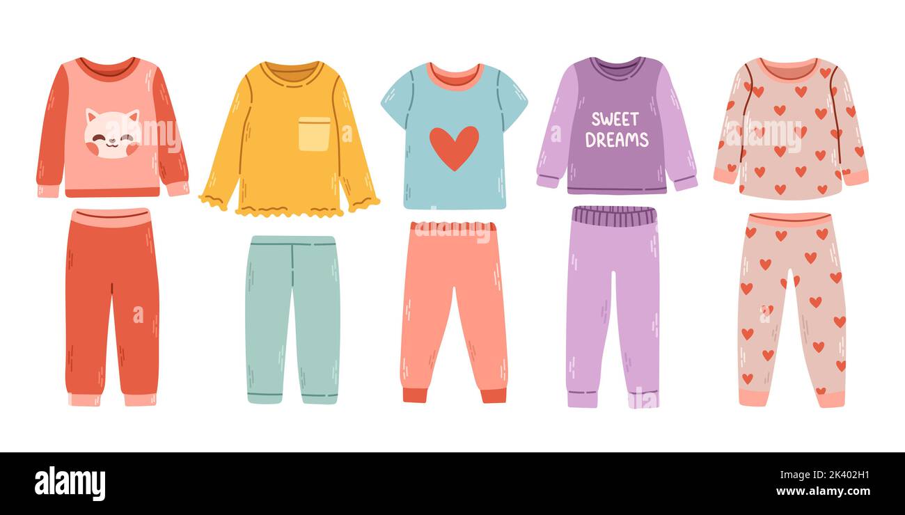 Schlafanzug für Mädchen. Textil-Nachtwäsche für Kinder Schlafanzüge Schlafanzüge Schlafanzüge Vektor farbige Bilder Stock Vektor