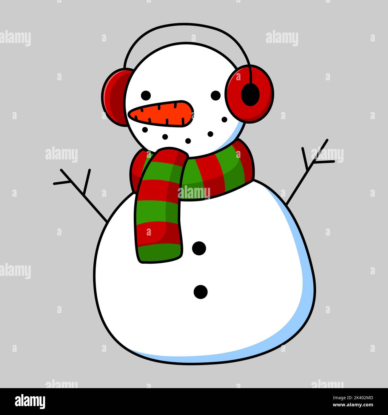 Flaches Cartoon-Bild eines Schneemanns mit einem gestreiften rot-grünen Schal und roten Kopfhörern. Vektorgrafik Stock Vektor