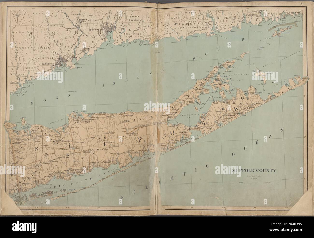 New York State, Doppelseite Platte Nr. 8 Karte von Suffolk County kartografisch. Atlanten, Karten. 1895. Lionel Pincus und Prinzessin Firyal Map Division. New York (Bundesstaat) - - vMaps. Stockfoto