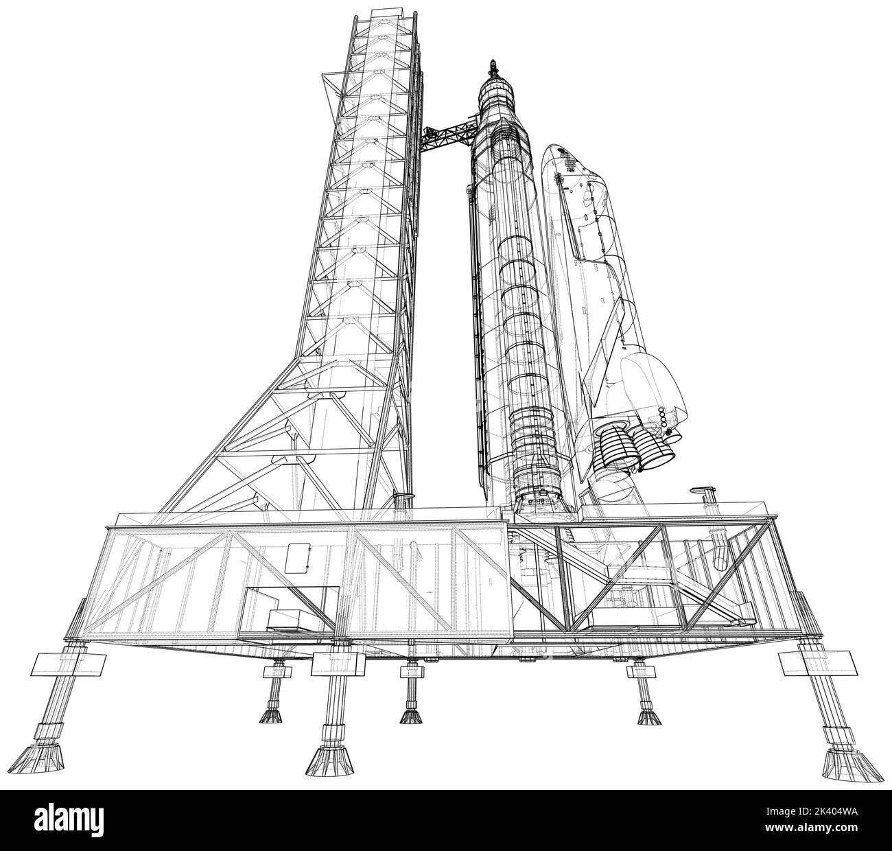 Space Rocket auf der Startrampe. Vektorrendering von 3D Stock Vektor