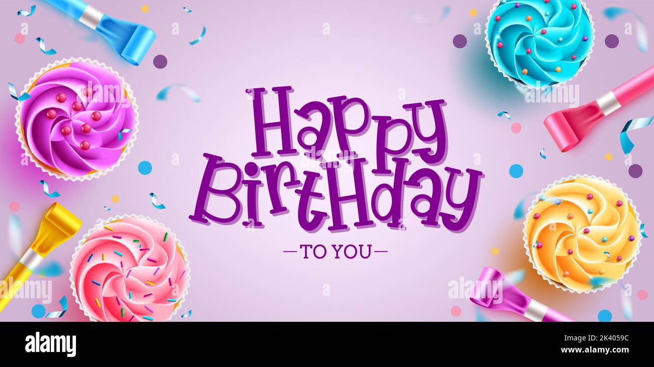 Geburtstag Party Vektor Hintergrund Design. Happy Birthday Grußtext mit bunten Tassenkuchen und Horn-Elementen für die Geburtstagsparty. Stock Vektor