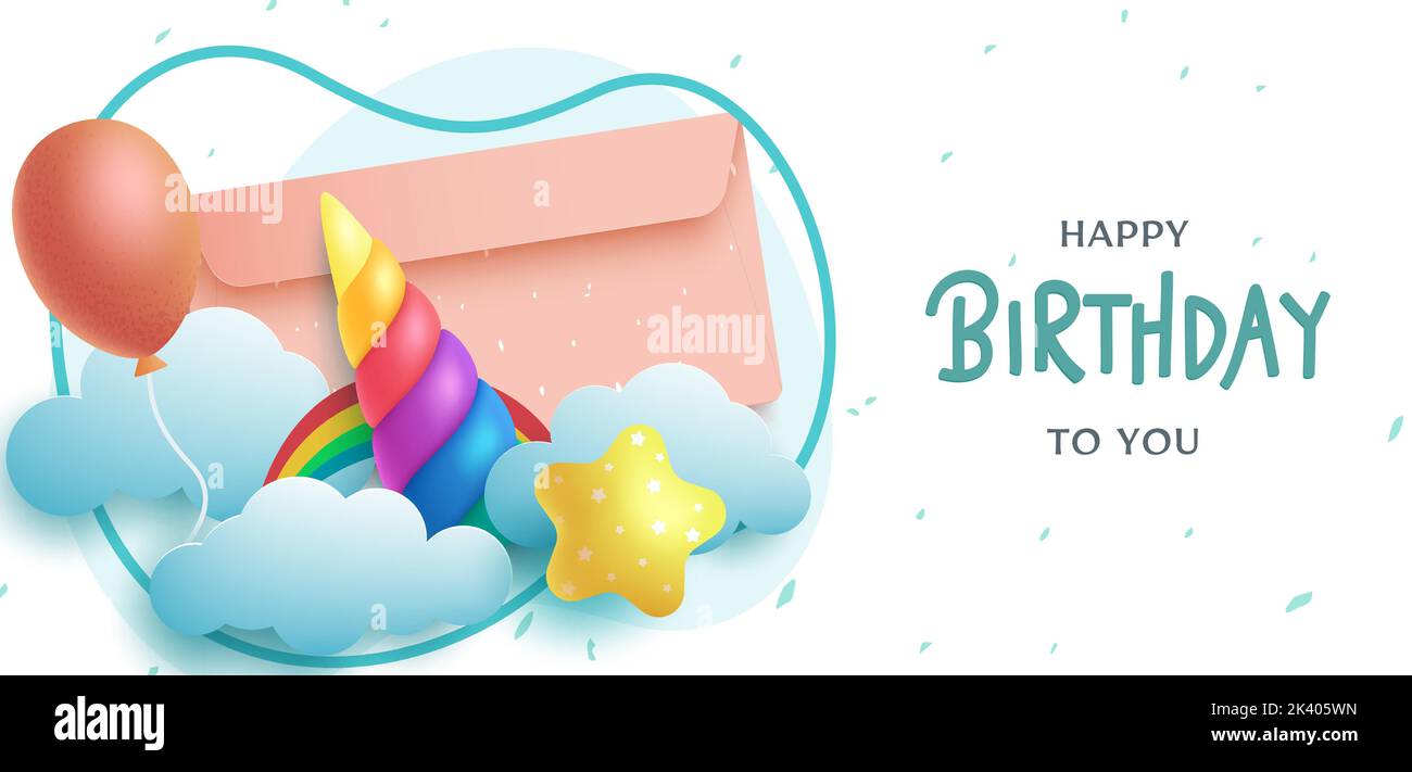 Geburtstagskarte Vektor-Design. Happy Birthday Gruß Text mit Papier geschnitten Elemente für Kinder Party Einladung Hintergrund. Vektorgrafik. Stock Vektor