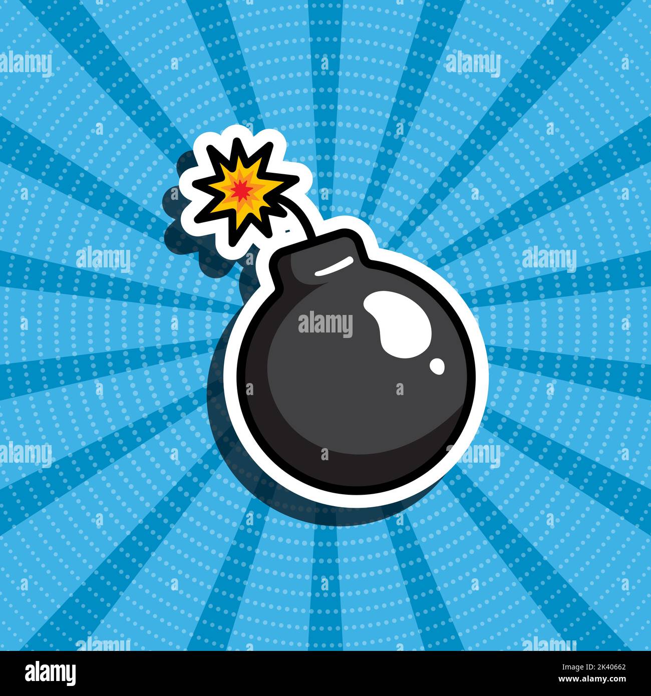 Cartoon-Illustration einer Bombe. Blauer Retro-Hintergrund. Comic-Stil, Pop-Art. Aufkleber, Patches, Pins. Stock Vektor