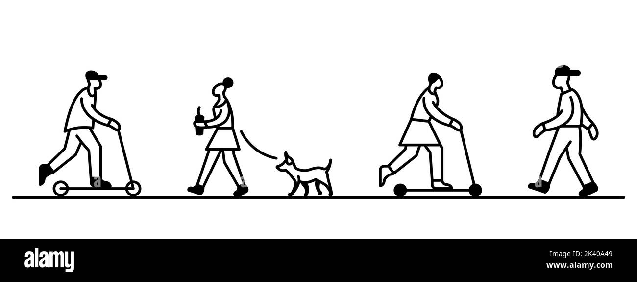 Gruppe von Personen, die zu Fuß oder mit dem Auto unterwegs sind. Stock Vektor