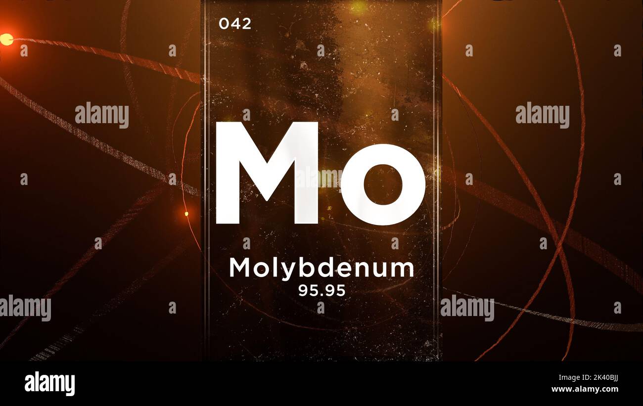 Molybdän (Mo) Symbol chemisches Element des Periodensystems, 3D Animation auf Atom Design Hintergrund Stockfoto