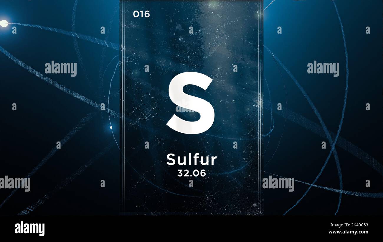 Schwefel (S) Symbol chemisches Element des Periodensystems, 3D Animation zum Hintergrund des Atomdesigns Stockfoto
