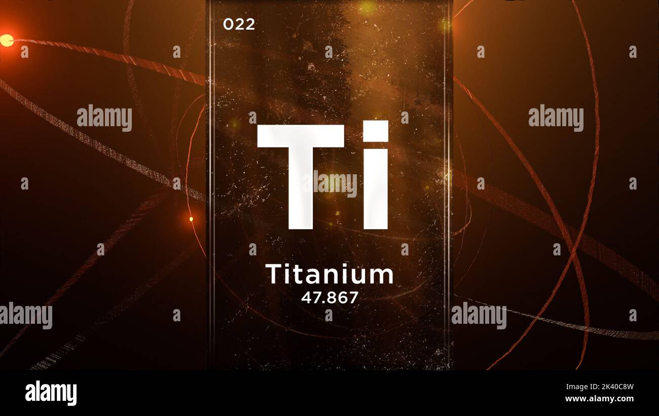 Titan (Ti) Symbol chemisches Element des Periodensystems, 3D Animation auf dem Hintergrund des Atomdesigns Stockfoto