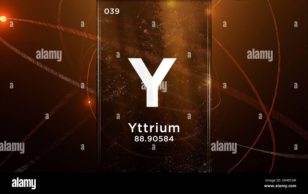 Yttrium (Y) Symbol chemisches Element des Periodensystems, 3D Animation auf dem Hintergrund des Atomdesigns Stockfoto