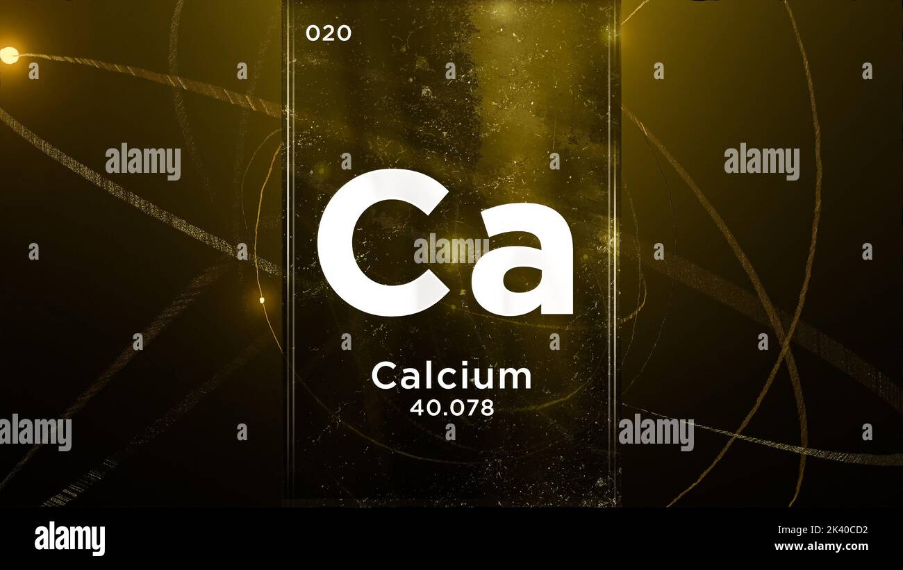 Calcium (Ca) Symbol chemisches Element des Periodensystems, 3D Animation auf Atom Design Hintergrund Stockfoto