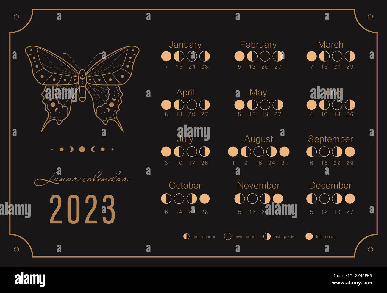 Mondkalender 2023 Jahr. Schablone für Mondphasen-Zeitplan. Boho astrologisches Poster mit mystischem Schmetterling. Vintage-Vektorgrafik Stock Vektor