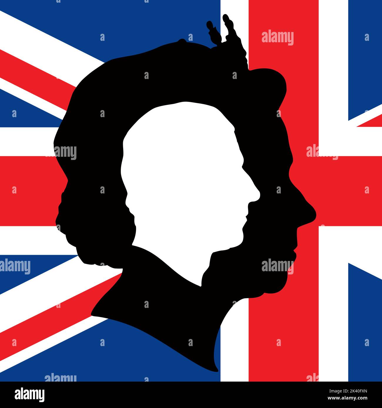 Porträt von Karl von England mit britischer Flagge und Königin Elizabeth, Vektorgrafik Stock Vektor