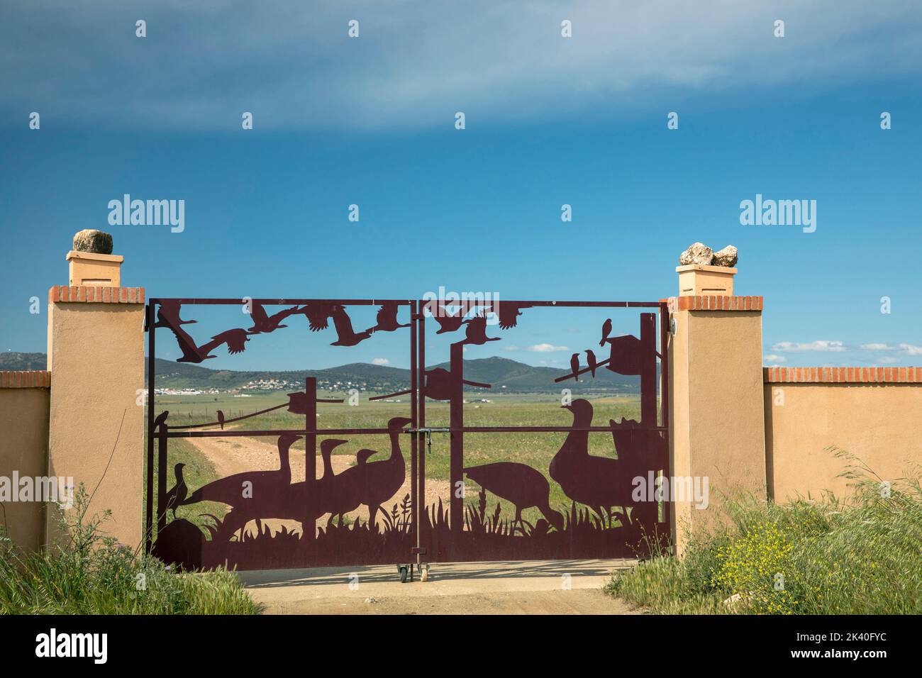 Eingangstor einer Finca mit den Steppenvögeln rund um Caceres, Spanien, Extremadura, Caceres Stockfoto