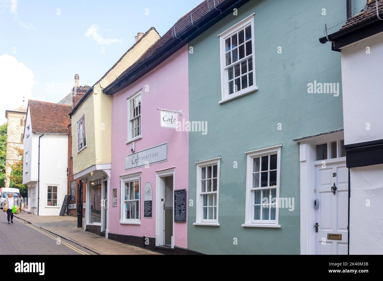 Bunte Cottages, Trinity Street, Colchester, Essex, England, Vereinigtes Königreich Stockfoto