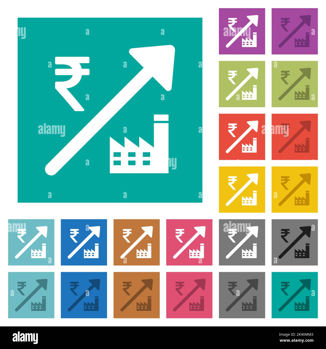 Steigende Kraftwerk Indian Rupee Preise mehrfarbige flache Symbole auf schlichten quadratischen Hintergründe. Weiße und dunklere Symbolvarianten für Schwebe- oder Wechselstrom sind enthalten Stock Vektor