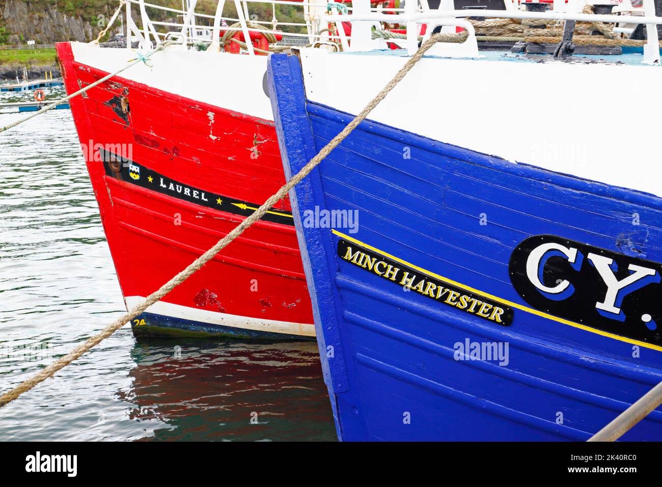 Die Bögen von zwei Fischerbooten im Hafen in West-Schottland in Mallaig, Morar, Schottland, Vereinigtes Königreich. Stockfoto