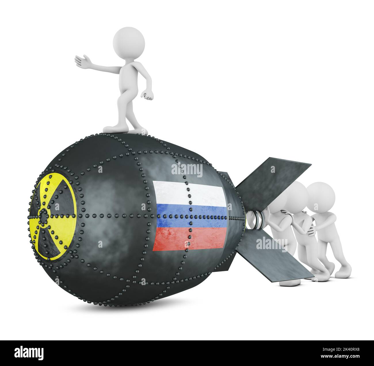 Kleine Männer schieben eine Atombombe mit dem Bild der russischen Flagge. 3D Rendern. Stockfoto