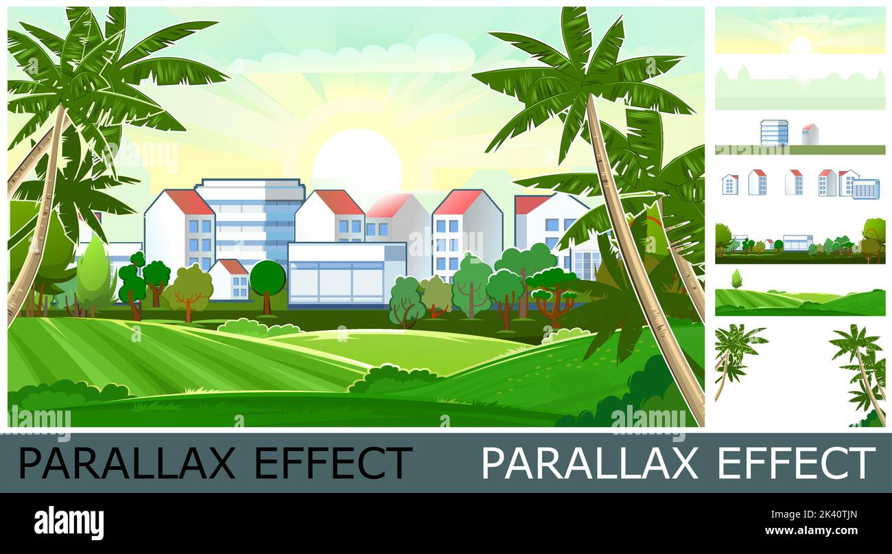 Dorf in einem Vorort. Stadtbild mit Palmen und Himmel. Bild aus Ebenen für Überlagerung mit Parallaxe-Effekt. Gemütlicher Aufenthaltsort. Flacher Style. Landschaft V Stock Vektor