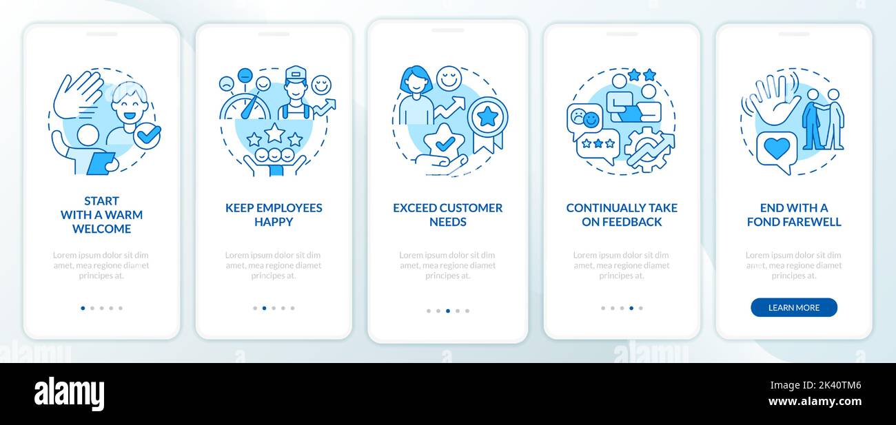 Verbesserung des Hotelkundendienstes Blue Onboarding Mobile App Screen Stock Vektor