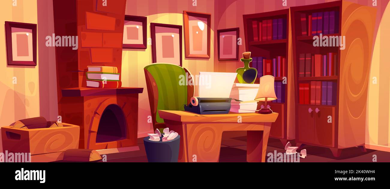 Schreibtischschrank mit Schreibmaschine, zerknittertem Papier im Papierkorb, Bourbon-Flasche, Papierstapel und Lampe auf Holzschreibtisch. Gemütliches vintage Autor Zimmer mit Kamin, Holz und Bücherregal, Cartoon-Vektor-Illustration Stock Vektor
