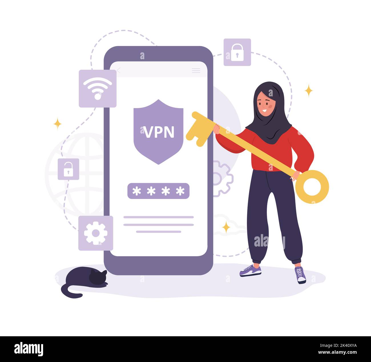 VPN-Technologie. Islamische Frau, die Software zum Schutz personenbezogener Daten verwendet. Virtuelle private Netzwerkverbindung. Internetdienstanbieter. Sicheres Internet Stock Vektor