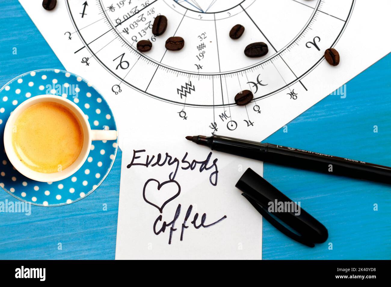horoskop mit Sternzeichen, Kaffeebohnen, Tasse Kaffee Espresso und Worten jeder liebt Kaffee wie Astrologie und Liebe zum Kaffee Stockfoto