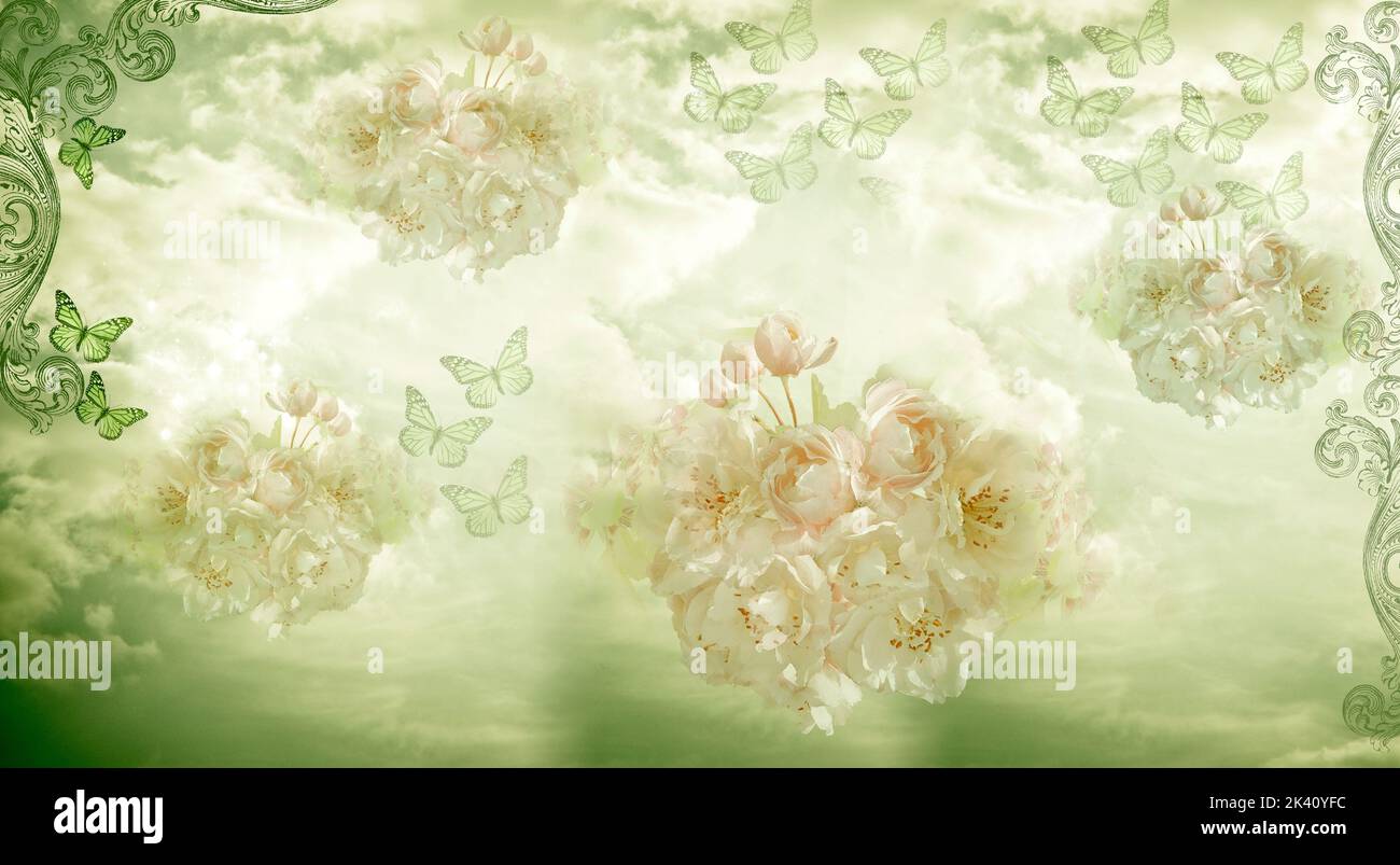 Blumen und Schmetterlinge Wandkunst Hintergrund Stockfoto