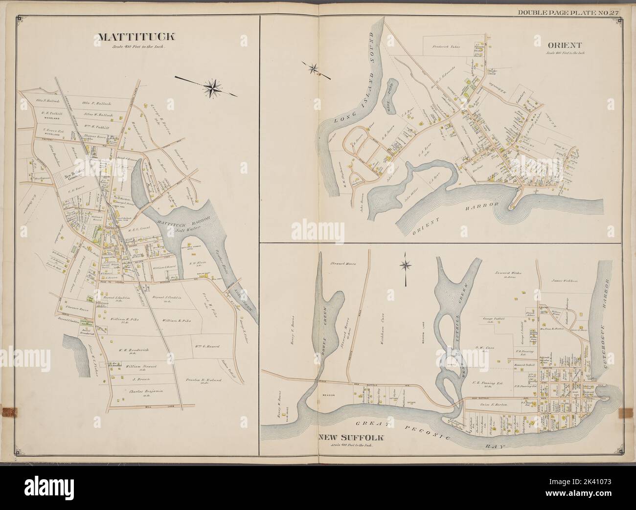 Suffolk County, V. 2, Doppelseite Platte Nr. 27 Karte begrenzt durch Mattituck, Orient, Neue Suffolk Kartographie. Atlanten, Karten. 1902 - 1909. Lionel Pincus und Princess Firyal Map Division. Suffolk County (New York) Stockfoto
